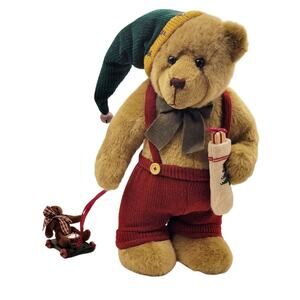 Vintage 18" Christmas Plush Bear w/Stocking Cap Pulling Toy Wagon
